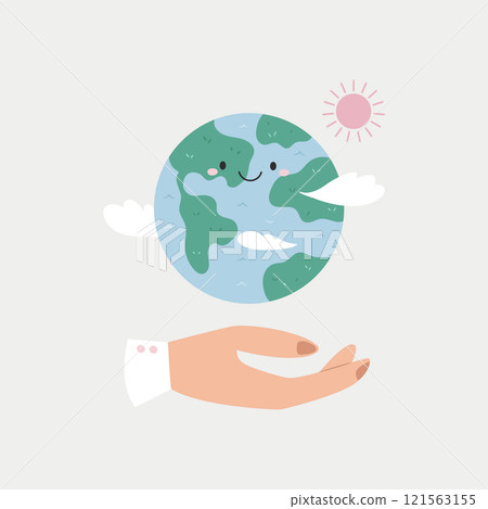 Vector illustration of a hand holding happy Earth planet. 121563155