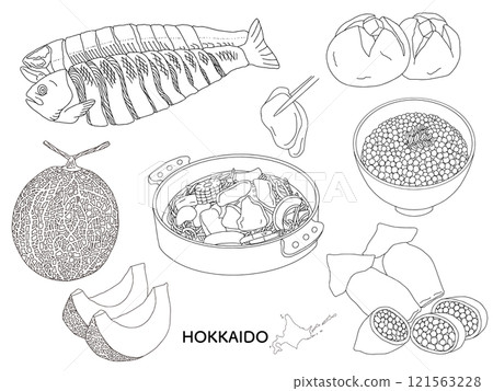 Hokkaido gourmet line drawing illustration monochrome Hokkaido gourmet line drawing illustration monochrome 121563228