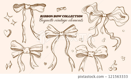 Set of elegant hand drawn ribbon bows and decorative elements, vintage sketchy style. Coquette bow knots for decoration. Romantic, feminine designs for wedding, valentine, birthday greeting card etc. Set of elegant hand drawn ribbon bows and decorative elements, vintage sketchy style. Coquette bow knots for decoration. Romantic, feminine designs for wedding, valentine, birthday greeting card etc. 121563333