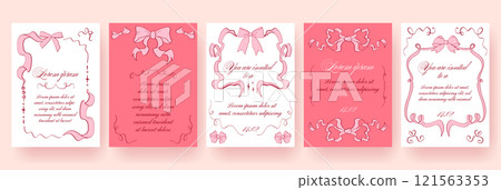 Set of coquette templates with delicate hand drawn pink ribbon frames and bows. Trendy elegant vintage wedding invitations, Valentines Day cards, romantic designs, poster, banner 121563353