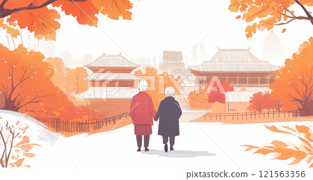 Illustration of an old couple walking in the park in autumn 121563356