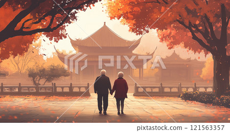 秋日里在公园里散步的老夫妇插画 秋日里在公园里散步的老夫妇插画 121563357