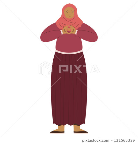 Illustration of a Woman in Hijab Wearing Maroon Outfit Showing Heart Gesture Illustration of a Woman in Hijab Wearing Maroon Outfit Showing Heart Gesture 121563359