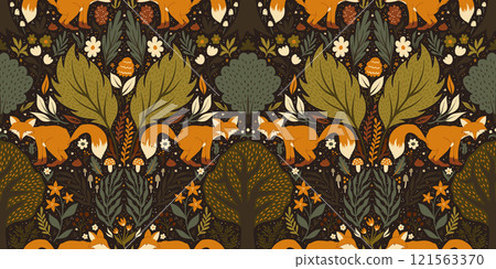 Symmetrical Forest Pattern with a Fox Pooping in the Woods, Mushrooms, Flowers, and Leaves in Warm Earthy Tones Whimsical Illustrated Design Symmetrical Forest Pattern with a Fox Pooping in the Woods, Mushrooms, Flowers, and Leaves in Warm Earthy Tones Whimsical Illustrated Design 121563370