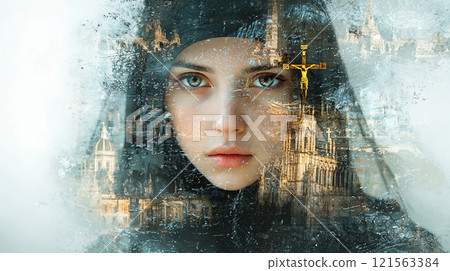 Portrait featuring double exposure of a woman in a veil and an ancient cityscape during a misty afternoon 121563384