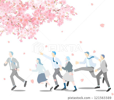 Male and female students running with cherry blossoms - profile - full body - graduation and enrollment - simple vector illustration material with a background of falling cherry blossoms and people Male and female students running with cherry blossoms - profile - full body - graduation and enrollment - simple vector illustration material with a background of falling cherry blossoms and people 121563389