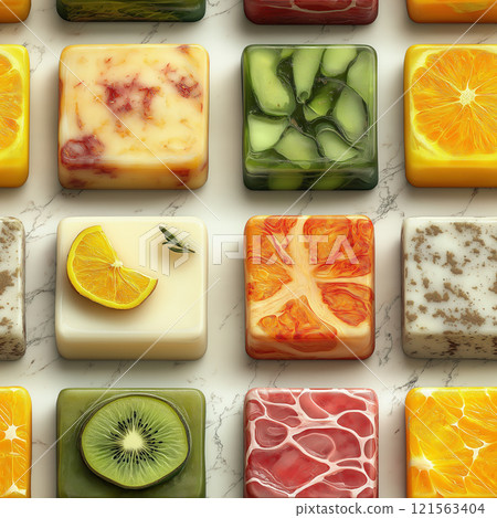 Seamless pattern, illustration with an assortment of soaps. 121563404