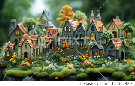 Cartoon, miniature country with fairy-tale houses. 121563420
