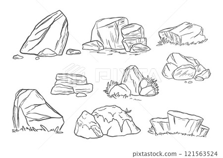 Stones outline drawing. Isolated rock line arts. Mountain boulders sketch. Hand drawn rubble groups. Ruins outline template Stones outline drawing. Isolated rock line arts. Mountain boulders sketch. Hand drawn rubble groups. Ruins outline template 121563524