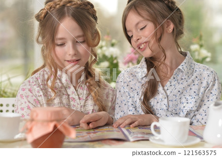 Portrait of two smiling little girls drinking tea at home 121563575