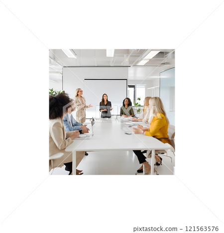 Male and female employees having a fun meeting in a bright office 121563576