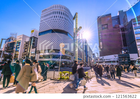 Tokyo cityscape in Japan: A ray of hope... Ginza bustling with foreign tourists. On the right is the Sanai demolition work... Towards a new era = 29th 121563622