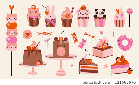 Set with cute cakes, cupcakes and sweets with kawaii animals and berries. Delicious desserts with chocolate and decor. Trendy modern vector illustration isolated on background, hand drawn, flat 121563670