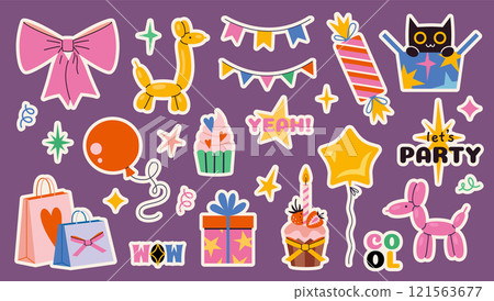 Cute stickers with bright Festive party decor. Celebration set with balloons, sweets, gifts, garland, lettering and stars. Stickerpack for planner. Trendy modern vector illustration, hand drawn, flat 121563677