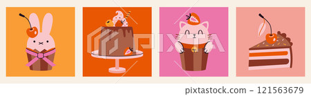 Set with cute cakes, cupcakes and sweets with kawaii animals and berries. Delicious desserts with chocolate and decor. Trendy modern vector illustration on color background, hand drawn, flat Set with cute cakes, cupcakes and sweets with kawaii animals and berries. Delicious desserts with chocolate and decor. Trendy modern vector illustration on color background, hand drawn, flat 121563679