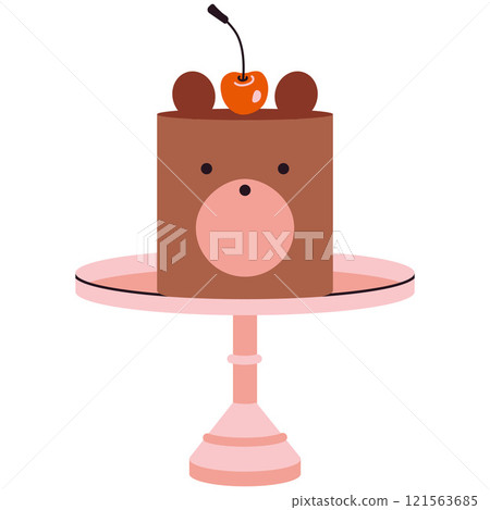 Cute cake shaped like a bear's muzzle. Colorful delicious desserts on stand with cherry, festive decor. Trendy modern vector illustration isolated on white background, hand drawn, flat design Cute cake shaped like a bear's muzzle. Colorful delicious desserts on stand with cherry, festive decor. Trendy modern vector illustration isolated on white background, hand drawn, flat design 121563685