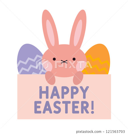 Happy Easter banner with cute rabbit and eggs, pastel colors. Trendy modern vector illustration isolated on white background, hand drawn, flat design 121563703