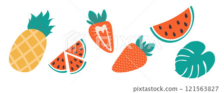 Set Various summer fruits and monstera leaf Pineapple, watermelon slices, strawberry Whole and half Set Various summer fruits and monstera leaf Pineapple, watermelon slices, strawberry Whole and half 121563827