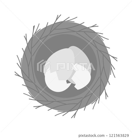 Whole and cracked eggs in birds nest made sprigs in grayscale. Easter or spring greeting design idea 121563829