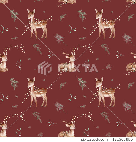 Seamless pattern with watercolor of Christmas tree and pine branches, needle and baby deer with garland. Hand painted fir cone and animals illustration on isolated. Repeat background for new year. 121563990