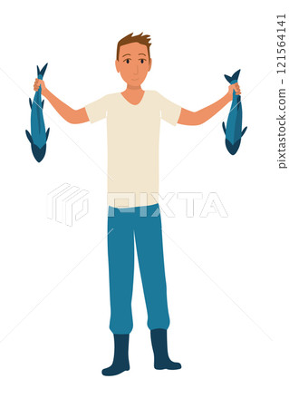 Cartoon men fishing. Male fishermen character with fishing rods on lake, summer catching process, men hobby recreation, leisure time, vector Cartoon men fishing. Male fishermen character with fishing rods on lake, summer catching process, men hobby recreation, leisure time, vector 121564141