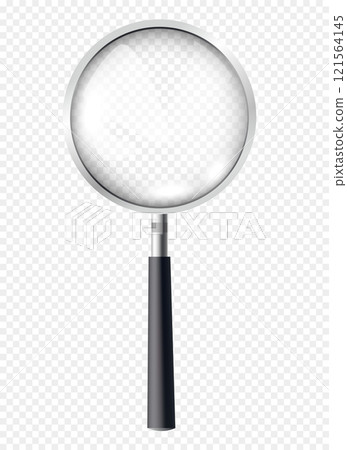 Magnifiying glass. Loupe for investigations and researching. Zoom equipment on copy space. Realistic isometric vector isolated on transparent background 121564145