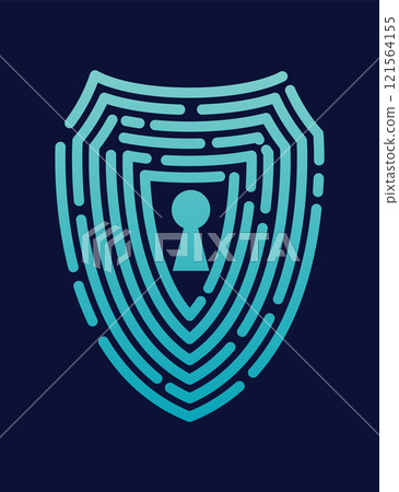 Secure shield fingerprint. Scan fingerprint, security or identification system based on thumb lines. Biometric data design. Futuristic technology. Vector illustration Secure shield fingerprint. Scan fingerprint, security or identification system based on thumb lines. Biometric data design. Futuristic technology. Vector illustration 121564155
