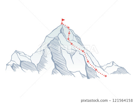 Mountain climbing route to top rock with red flag on peak. Business journey path in progress, way to success or concept of goal. Vector illustration 121564158