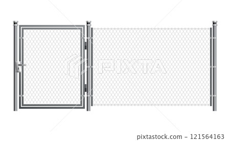 Metal wire fence and gate. Chain-link fence fragment with metallic pillars. Secured territory, protected area or prison fencing. Wire grid construction 121564163