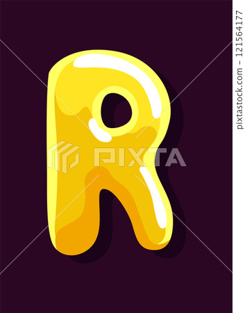 Jelly colorful letter R. Soft glossy multicolored candy font. Isolated bright delicious sweet alphabet, lollipop or marmalade ABC. Vector illustration 121564177