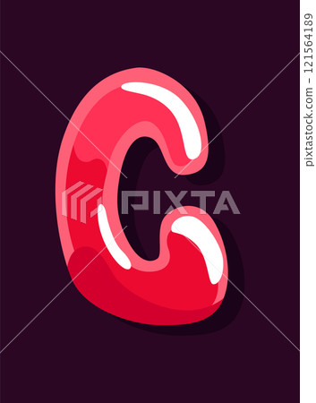 Jelly colorful letter C. Soft glossy multicolored candy font. Isolated bright delicious sweet alphabet, lollipop or marmalade ABC. Vector illustration 121564189