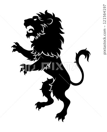 Heraldic lion silhouette. Black standing lion in flat style. Heraldic icon, symbol and design element isolated on white background. Vector illustration 121564197