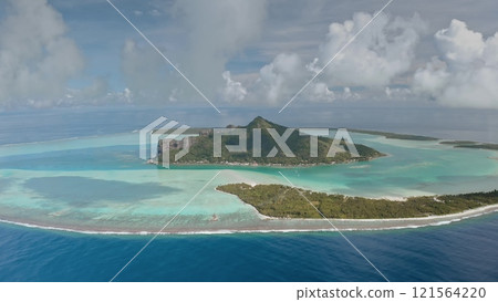 Scenic aerial perspective of Maupiti island in French Polynesia, stunning turquoise lagoon, vibrant coral reefs, mount Teurafaatui against cloudy sky. Remote wild nature paradise, exotic summer travel Scenic aerial perspective of Maupiti island in French Polynesia, stunning turquoise lagoon, vibrant coral reefs, mount Teurafaatui against cloudy sky. Remote wild nature paradise, exotic summer travel 121564220