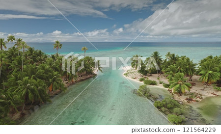 Turquoise water lagoon and two small palm tree covered islands on Tikehau atoll, part of French Polynesia Tuamotu archipelago. Remote wild nature paradise, exotic summer travel. Aerial drone flight 121564229