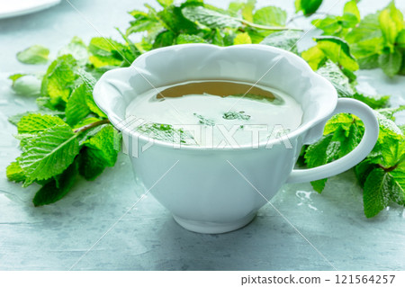 Mint tea. A cup of peppermint tea with fresh mint leaves Mint tea. A cup of peppermint tea with fresh mint leaves 121564257
