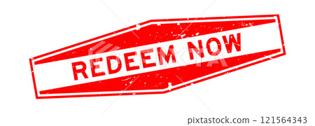 Grunge red redeem now word hexagon rubber seal stamp on white background 121564343