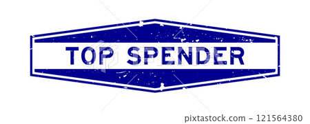 Grunge blue top spender word hexagon rubber seal stamp on white background 121564380