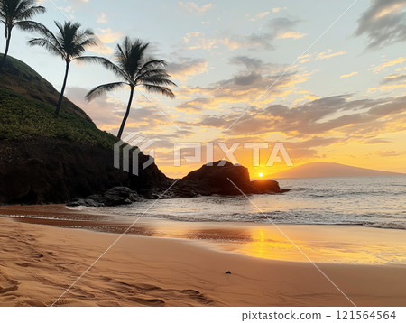 Tropical beach with palm trees, rocky cliffs, and a stunning sunset Tropical beach with palm trees, rocky cliffs, and a stunning sunset 121564564