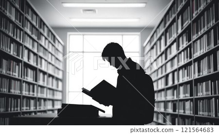 讀一本書的一個人在圖書館裡 121564683