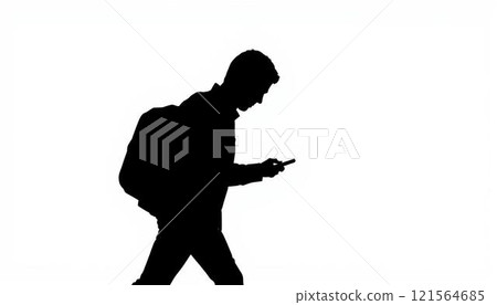 Silhouette of a man walking while operating a smartphone 121564685