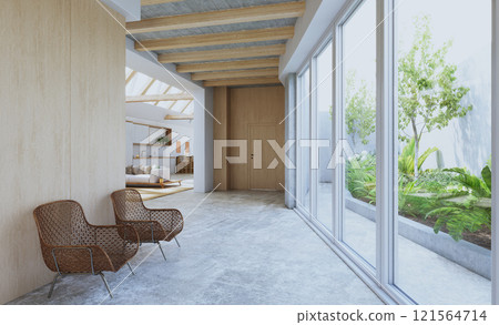 Modern living room with large windows 121564714