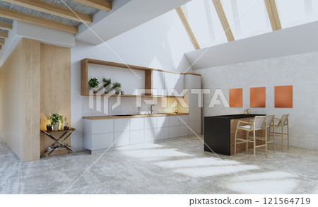 A contemporary, open kitchen 121564719