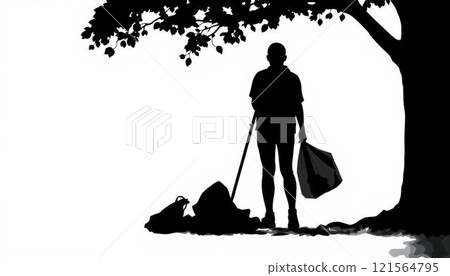 Silhouette of a man picking up trash around a tree Silhouette of a man picking up trash around a tree 121564795