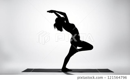 Female silhouette standing on one leg with arms outstretched Female silhouette standing on one leg with arms outstretched 121564796