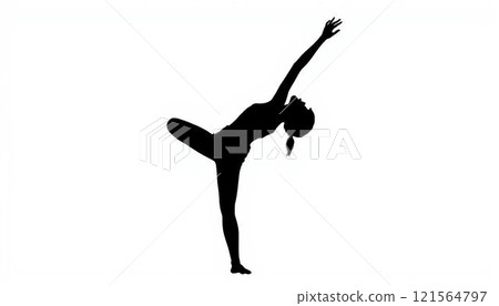 Silhouette of a woman doing a yoga pose standing on one leg and raising one hand 121564797