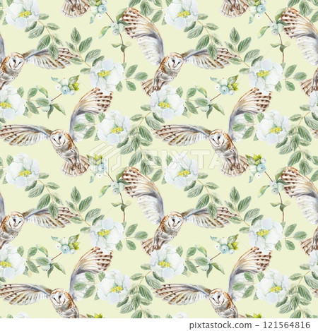 Barn owl with green twigs and white flowers seamless pattern. Watercolor illustration on green background. Wrapping paper, wallpaper, fabric, covers. Barn owl with green twigs and white flowers seamless pattern. Watercolor illustration on green background. Wrapping paper, wallpaper, fabric, covers. 121564816