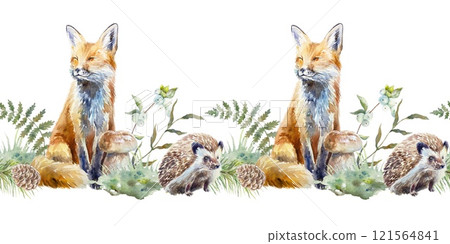 Forest seamless border with fox, hedgehog, mushrooms, green leaves, grass, fern. Watercolor illustration isolated. Cards, invitations, banners, labels Forest seamless border with fox, hedgehog, mushrooms, green leaves, grass, fern. Watercolor illustration isolated. Cards, invitations, banners, labels 121564841