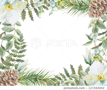 Floral spring frame with white flowers, green leaves, fir branches. Watercolor illustration isolated. For cards, invitations, spring banners, posters. Floral spring frame with white flowers, green leaves, fir branches. Watercolor illustration isolated. For cards, invitations, spring banners, posters. 121564842