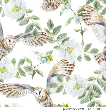 Barn owl with green twigs and white flowers seamless pattern, rapport. Watercolor illustration isolated. Wrapping paper, textile, wallpaper, covers. Barn owl with green twigs and white flowers seamless pattern, rapport. Watercolor illustration isolated. Wrapping paper, textile, wallpaper, covers. 121564845