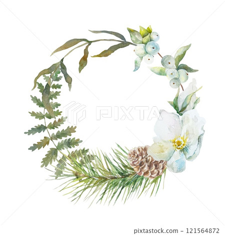 Floral wreath with fir branch, fern, cone, white berries. Watercolor illustration isolated. For cards, invitations, labels, covers, posters, banners. Floral wreath with fir branch, fern, cone, white berries. Watercolor illustration isolated. For cards, invitations, labels, covers, posters, banners. 121564872